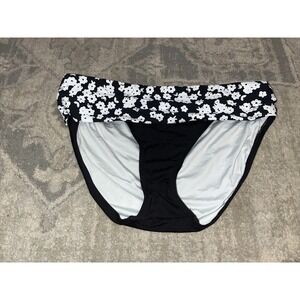 Anne Cole Fold Over Mid-Rise Bikini Bottom Black/White Floral Size Medium
